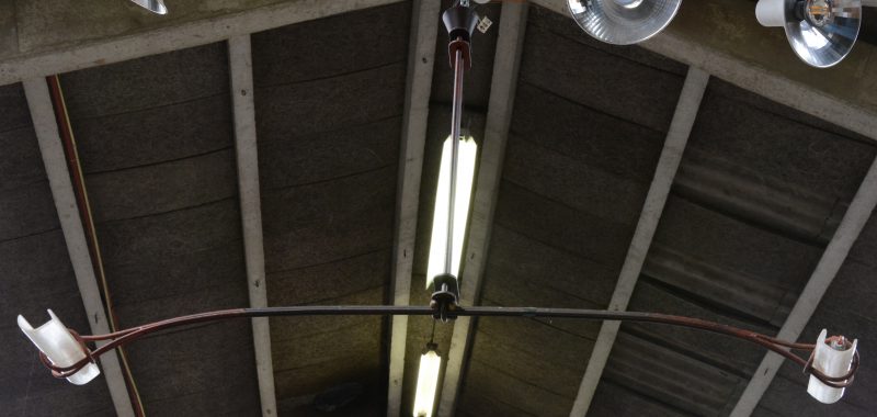 Een smeedijzeren design hanglamp met twee lichtpunten.
