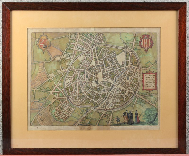 Een met de hand ingekleurde kaart van Mechelen naar ontwerp van georg Braun. Eind XVIe - begin XVIIe eeuw.