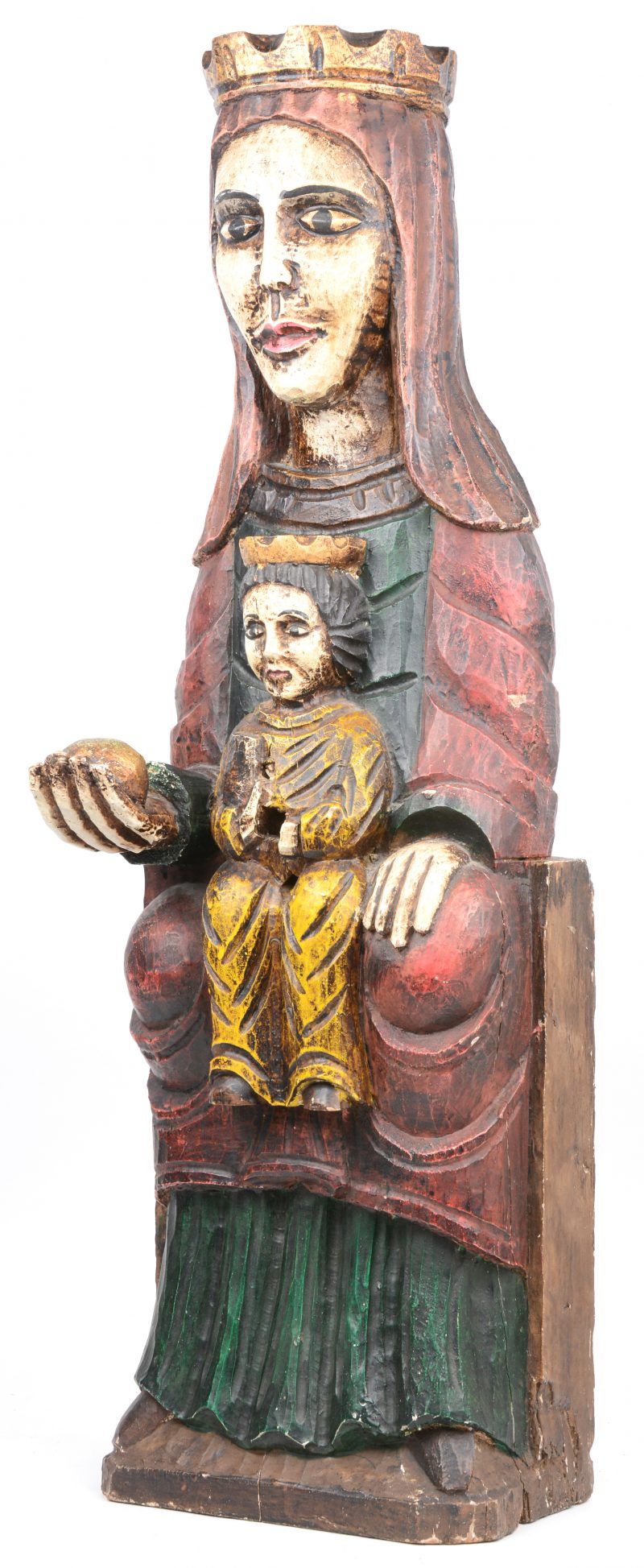 “Madonna met kind”. Een gepolychromeerd houten kerkbeeld. XIXe eeuw.
