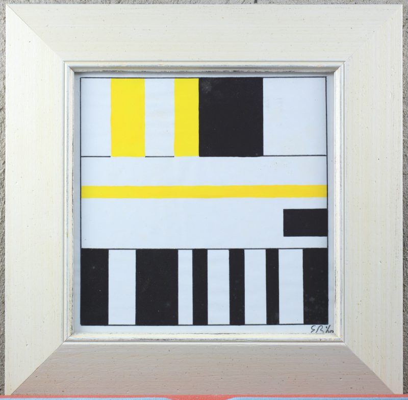 “Compositie in zwart en geel”. Inkt en aquarel op papier. Draagt een monogram ‘E.B. en 1960.
