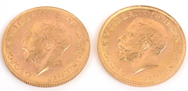 Twee 22 karaats geel gouden munten. King George V. Gold Sovereign 1914 en 1918.