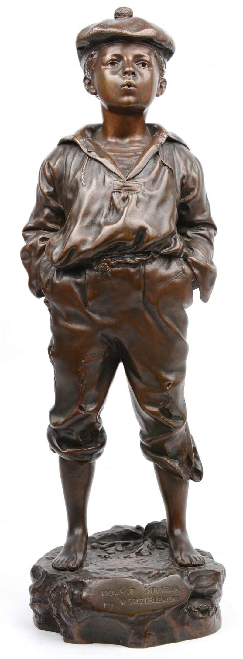 “Mousse siffleur”. Een bruingepatineerd bronzen beeld. Gesigneerd en met gieterijstempel.