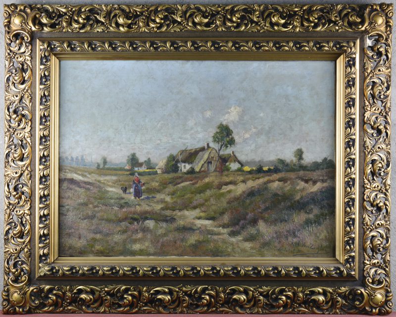 “Hoeve op de Heide”. Olieverf op doek. Gesigneerd en d.d. Santvliet 1897.
