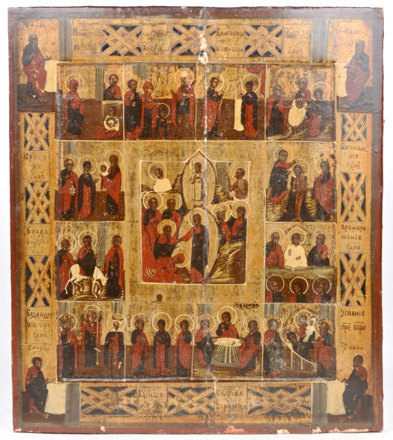 Russische icoon met het leven van Christus met centraal de Verrijzenis. XIXde eeuw. Slijtage aan beschildering, centrale aaneenzet zichtbaar.