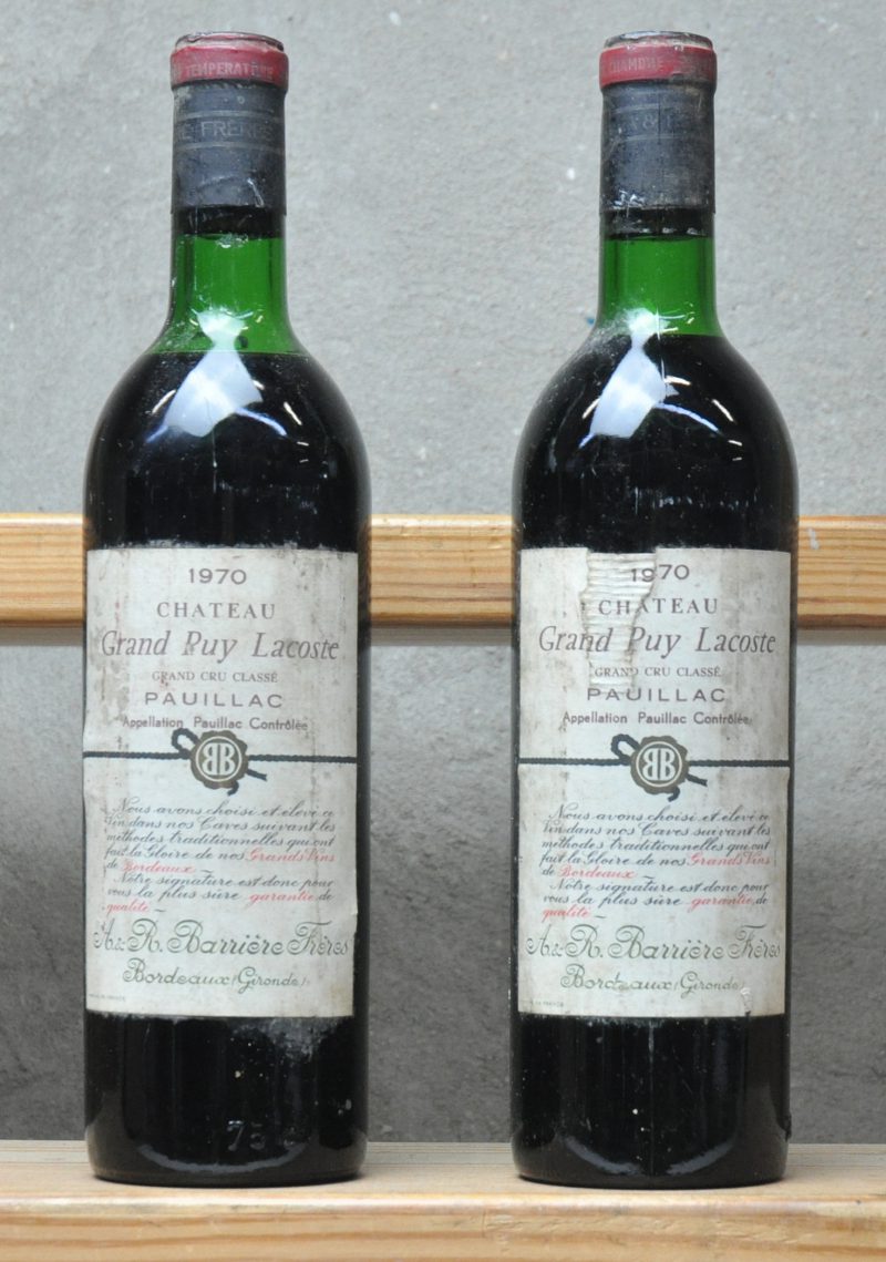 Ch. Grand Puy Lacoste A.C. Pauillac   M.C.  1970  aantal: 2 Bt. ts - bn - Licht vuile etiketten