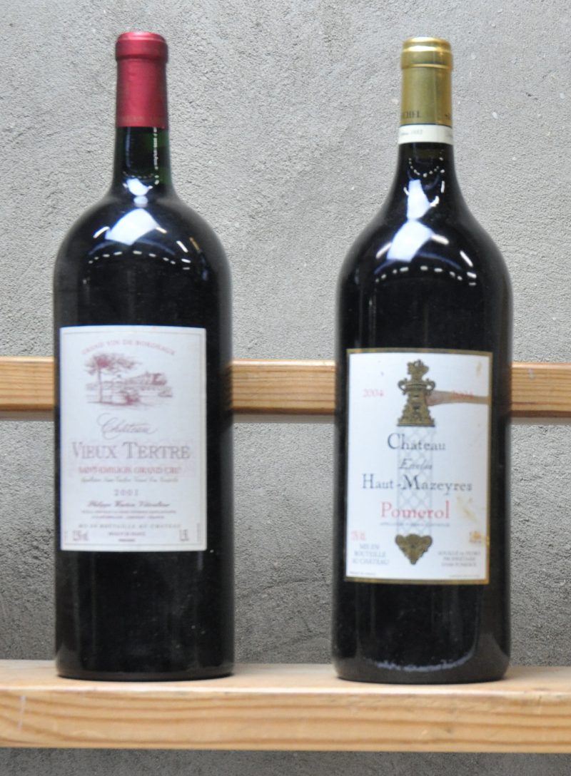 Lot rode wijn        aantal: 2 MG.    Ch. Vieux Tertre A.C. Saint-Emilion Grand Cru   M.C.  2001  aantal: 1 MG.    Ch. Enclos Haut-Mazeyres A.C. Pomerol   M.C.  2004  aantal: 1 MG.