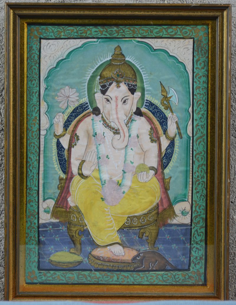 Een beeltenis van de God Ganesh. Gouache op zijde. Indisch werk.