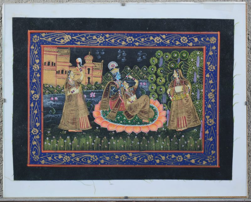 “Scène met Krishna”. Een Indische gouache op zijde.