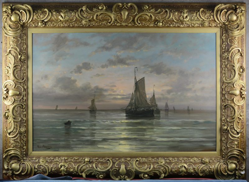 “Vissersboten op een kalme zee bij valavond”. Olieverf op doek. Draagt een handtekening: H.W. Mesdag.