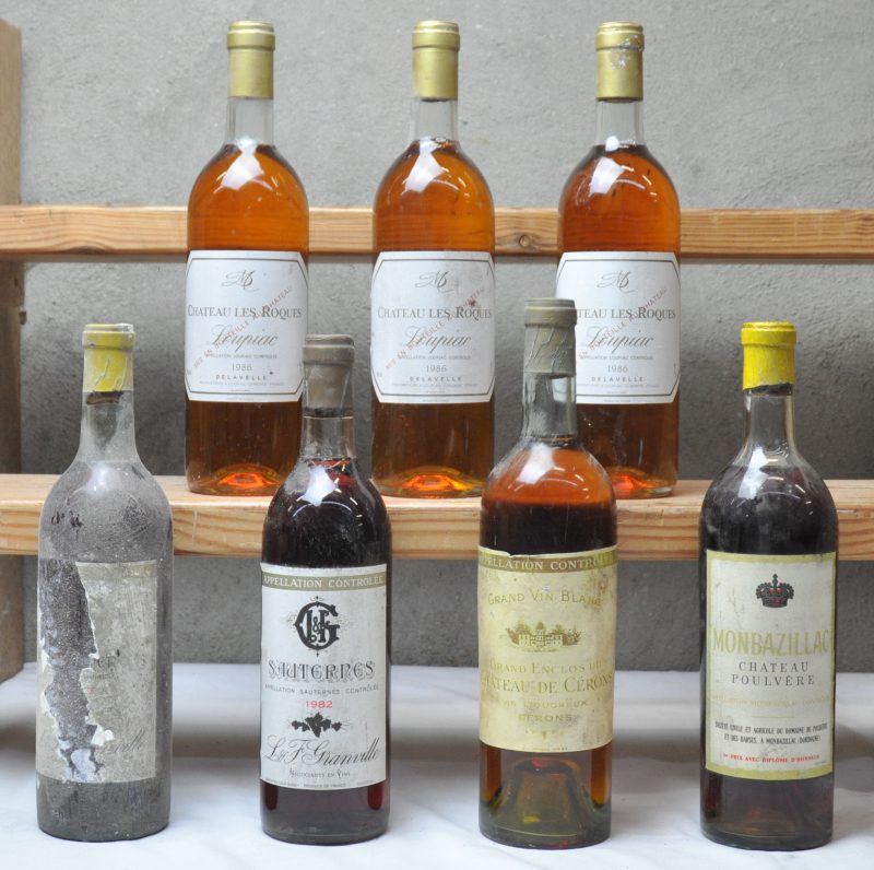 Lot likoreuze wijn        aantal: 7 Bt.    Ch. Poulvère A.C. Monbazillac   M.O.    aantal: 1 Bt.    Grand Enclos du Ch. de Cérons A.C. Cérons  L. & F. Granville M.O.    aantal: 1 Bt.    Ch. Les Roques A.C. Loupiac   M.C.  1986  aantal: 3 Bt.    Sauternes A.C.   L. & F. Granville M.C.  1982  aantal: 2 Bt. Eén etiket zwaar beschadigd