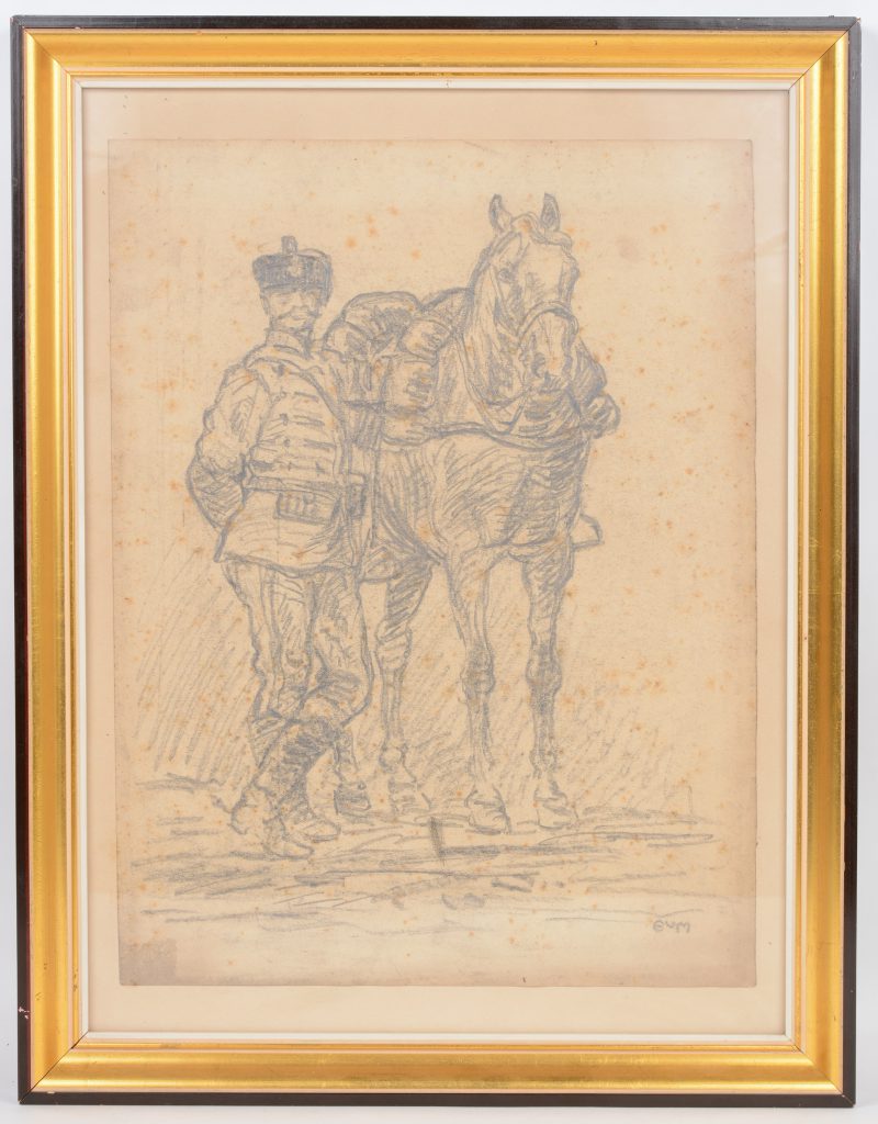 “Pruisische  cavalerist met paard”. Houtskool op papier. Met monogram EVM.
