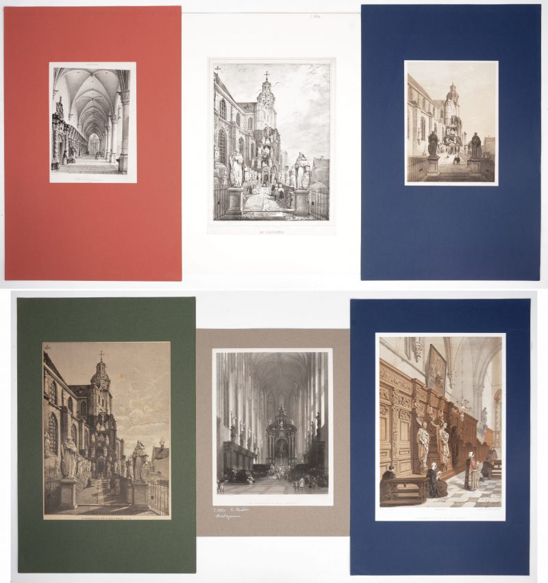 Een lot van zes XIXe eeuwse gravures met zichten op de Sint Pauluskerk te Antwerpen.