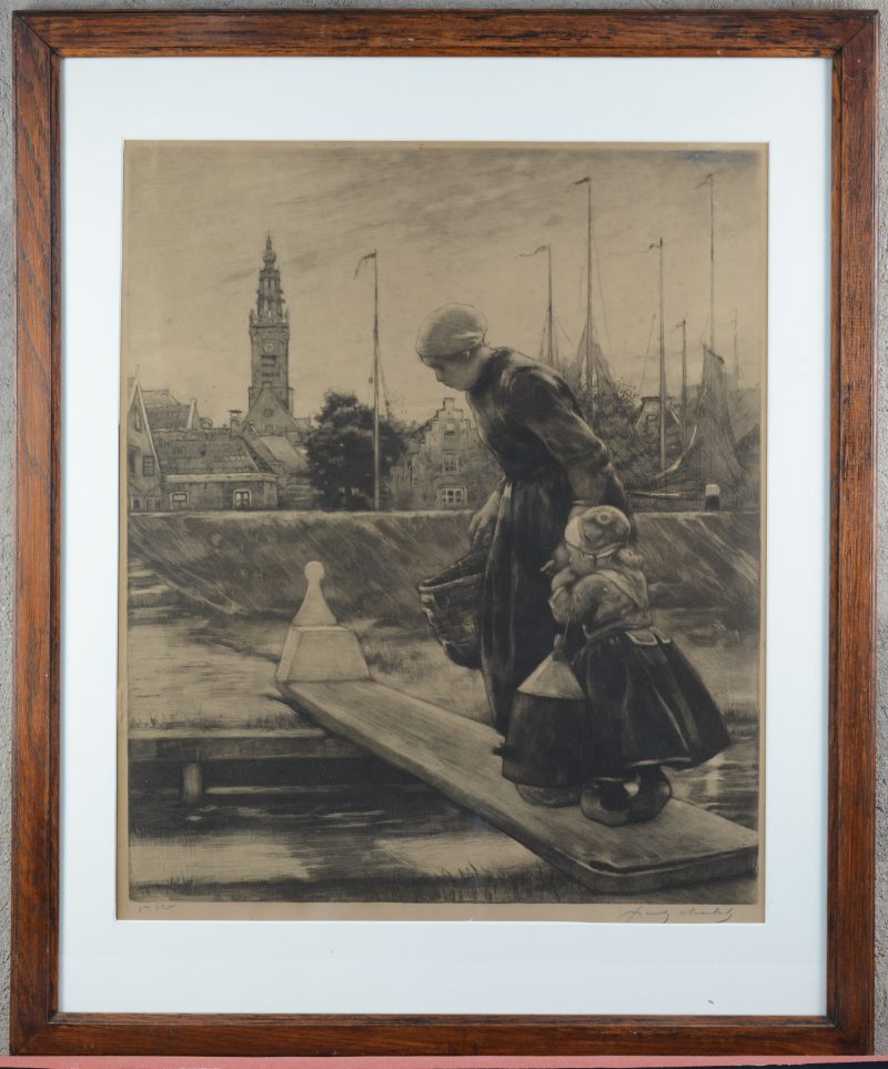 “Moeder en kind in een Hollands havenstadje”. Lithografie. Gesigneerd en “5e staat” buiten de plaat.