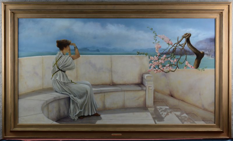 “Wachtende dame”. Olieverf op paneel. Gesigneerd. Geïnspireerd op een werk van Alma Tademan.