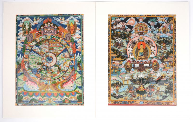 “Het levenswiel” & “Voorstellingen uit het leven van Boeddha”. Twee tankas op doek.