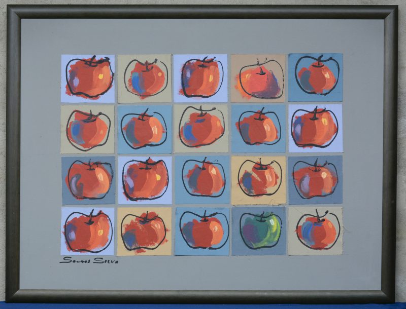 “Appels”. Olieverf op vijfentwintig individuele stukjes canvas. Gesigneerd.