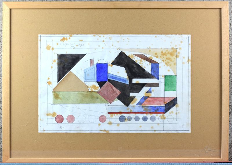 “Compositie met vlakken”. Potlood en aquarel op papier. Russische school, gemonogrammeerd.