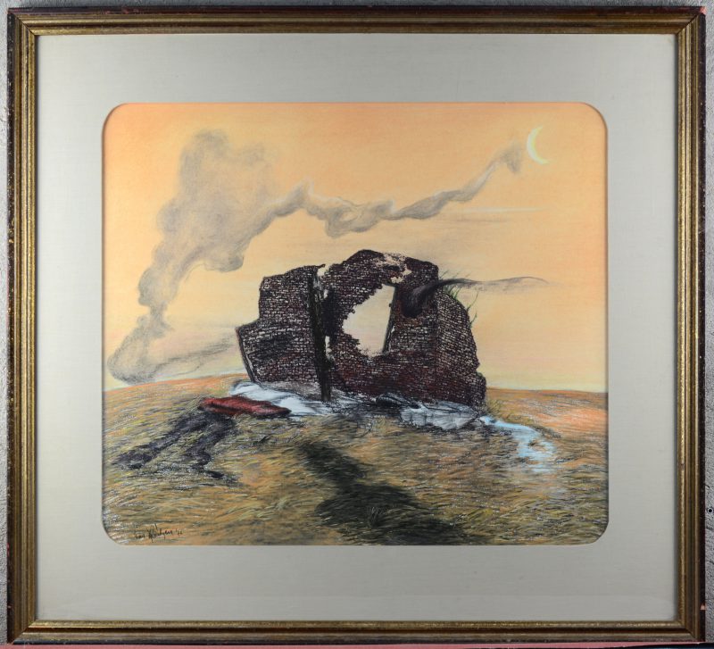 “Surrealistisch landschap met ruïne”. Pastelkrijt op papier. Gesigneerd en gedateerd ‘78.