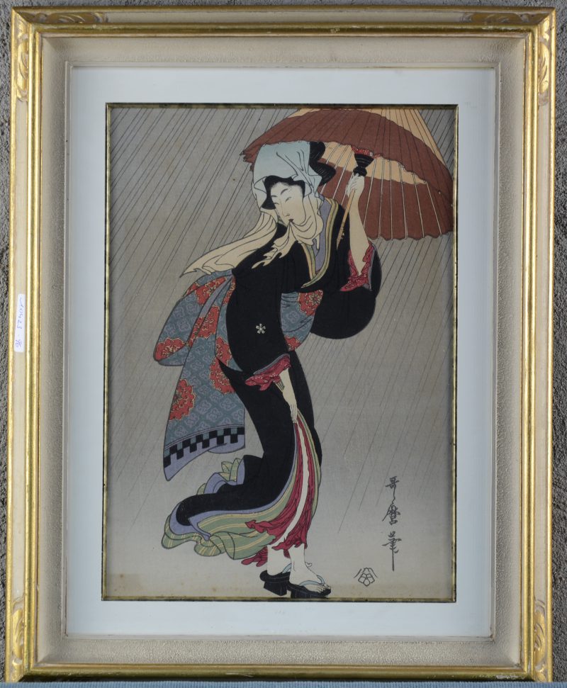 “Geisha met paraplu”. Een ingekleurde Japanse houtsnede. Gesigneerd.