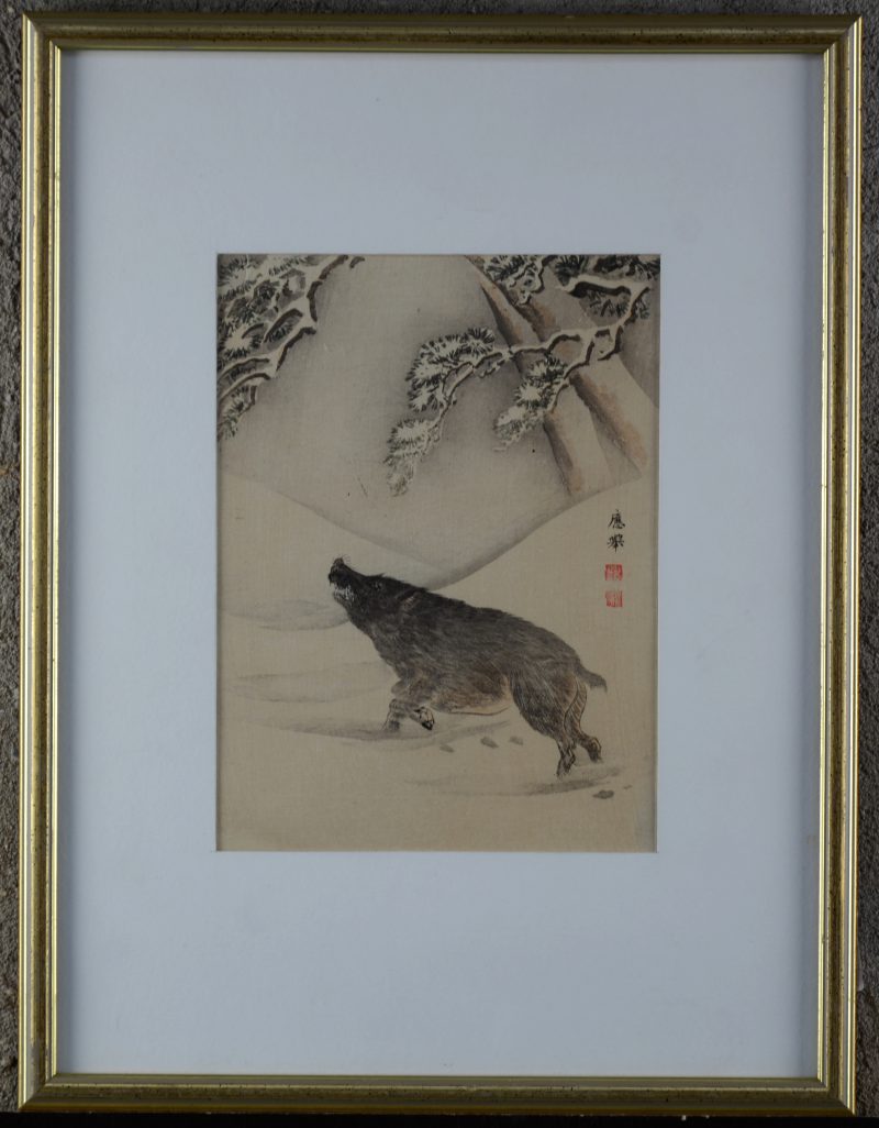 “Wild everzwijn in besneeuwd bos”. Een Japanse houtsnede. Eind XIXe eeuw. Gesigneerd.