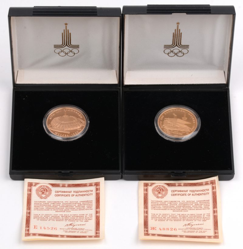 2 gouden munten van 100 Roebel “Olympiade 1980”. Au 900/1000. USSR 1978 en 1979.
