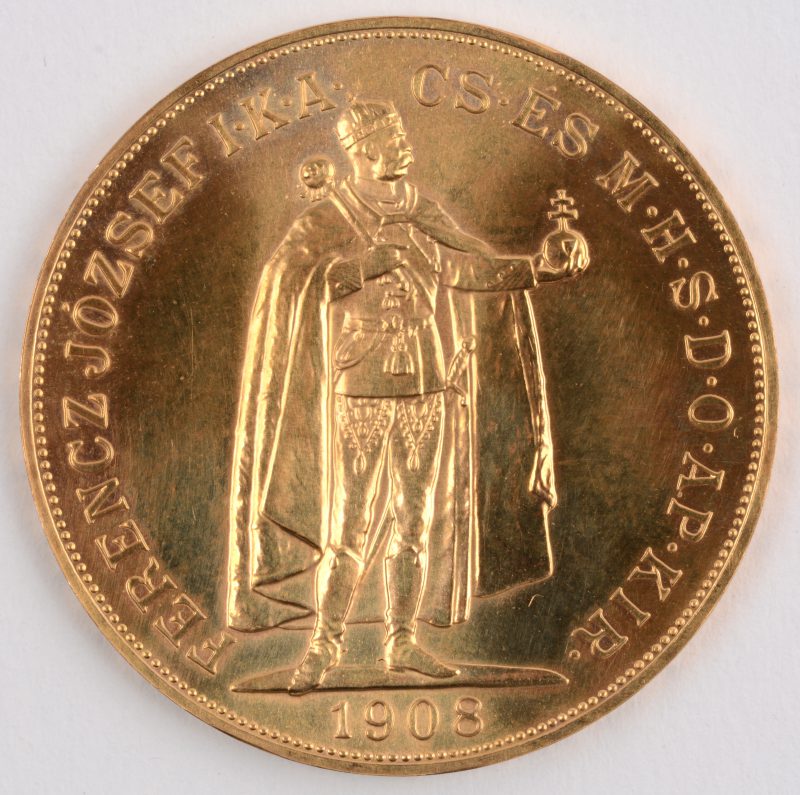 1 gouden munt van 100 Kronen met beeldenaar van Frans-Josef “Magyar Kiralysag”. Au 900/1000. Koninkrijk Hongarije.