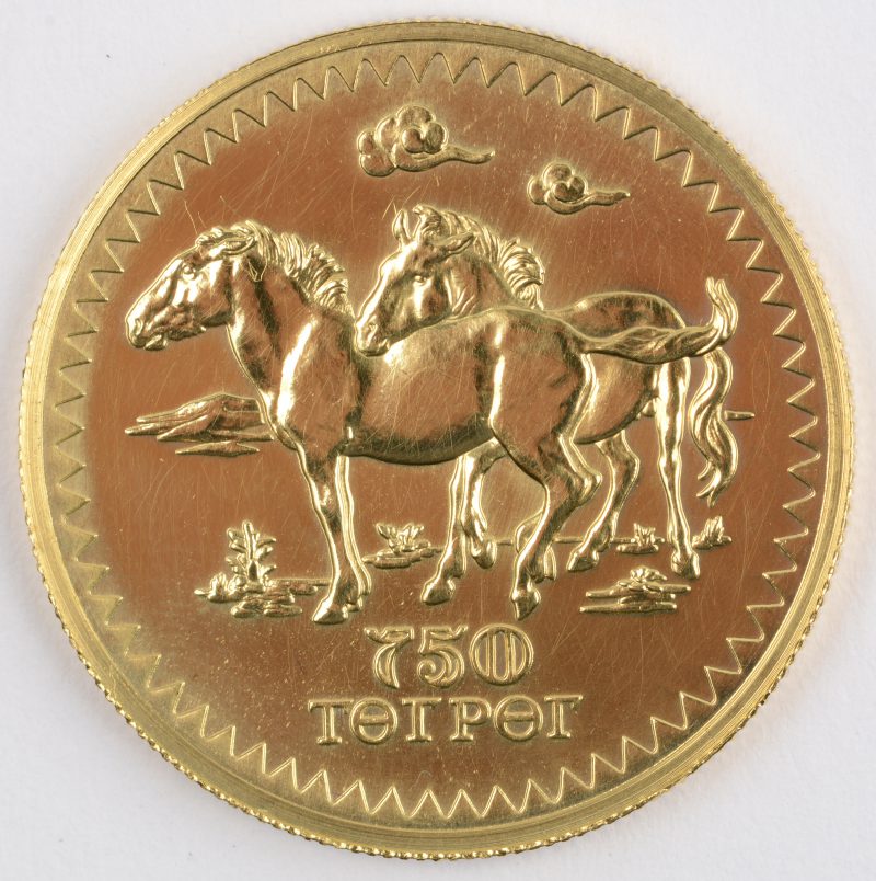 1 gouden munt “Conservation” van 750 Tugrik. Verso: Przewalskipaarden. Au 900/1000. Mongolië 1976.
