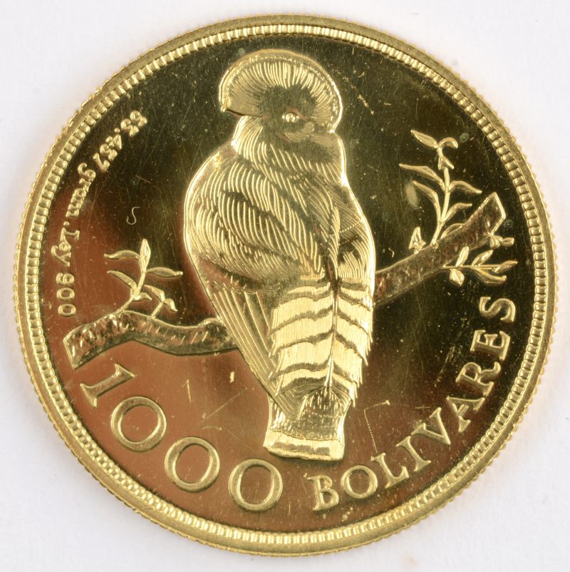 1 gouden munt van 1000 bolivar, “Conservation”. Verso: rotshaan . Au 900/1000. Venezuela.