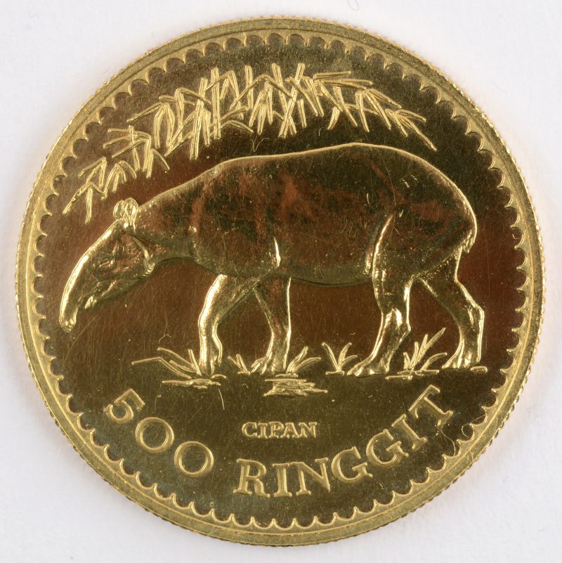 1 gouden munt van 500 Ringgit. “Conservation”. Au 900/1000. Maleisië 1976. Recto wapenschild, verso tapir.