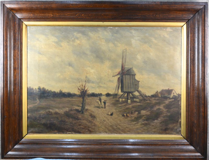 “Personages bij een molen”. Olieverf op doek. Gesigneerd. XIXe eeuw.