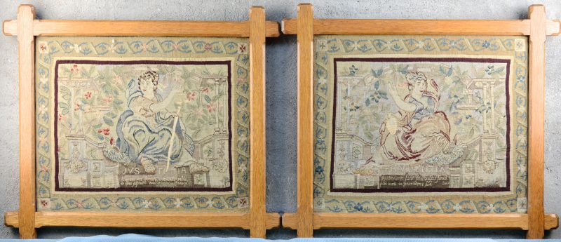 “Prudentia” & “Justitia”. Twee oude tapisserieën. De begeleidende tekst gerestaureerd.