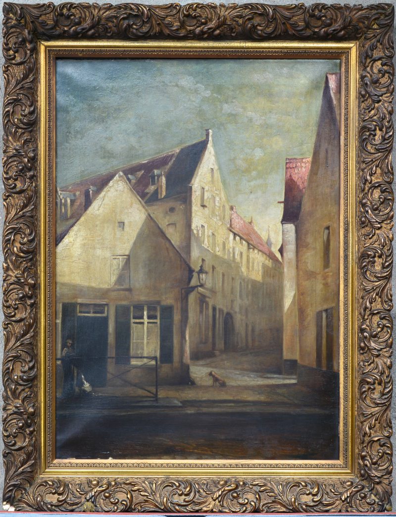 “Leuvens straattafereel vanaf de Dijle”. Olieverf op doek. Zonder signatuur, Belgische School, XIXde eeuw.