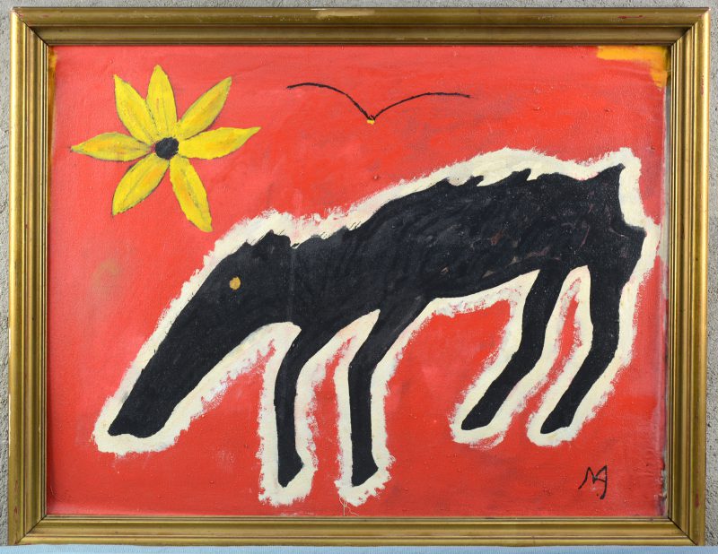 “Hond met bloem”. Olieverf op doek. gemonogrameerd ‘AM’.