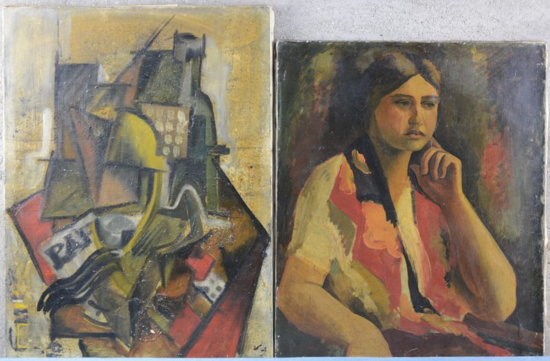 “Meisjesportret” & “Kubistisch stilleven”. Olieverf op doek. Zonder signaturen.