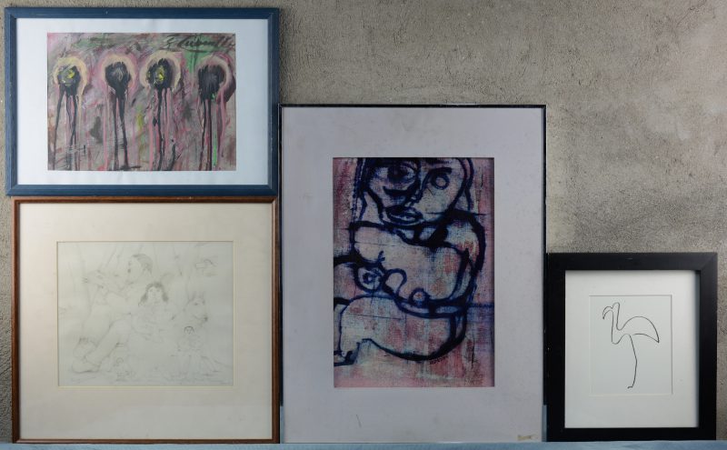 Een lot van vier werken, bestaande uit een silhouet van een flamingo zonder signatuur, een reproductie naar Botero en twee moderne werken op papier.