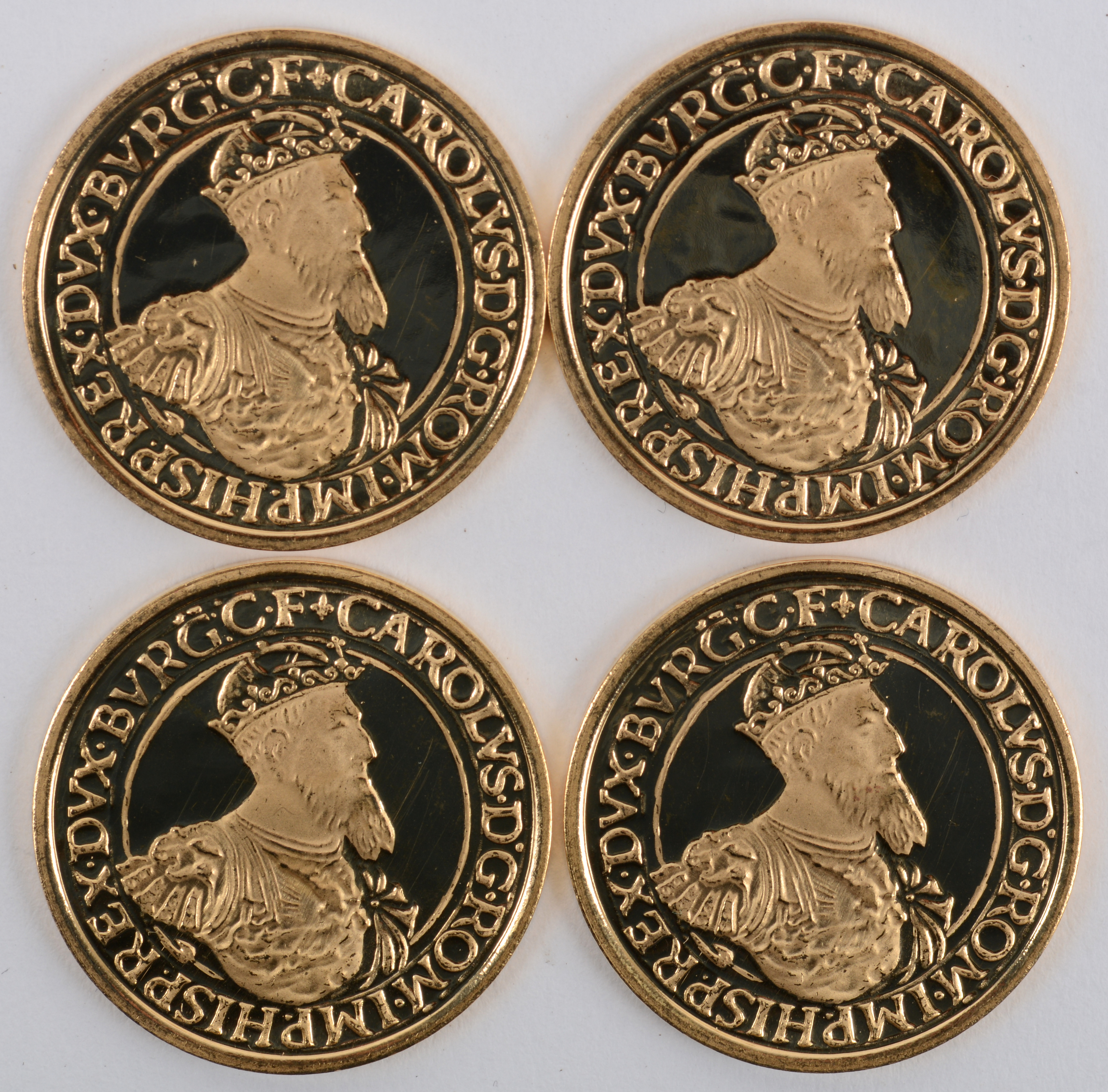 Ounce identificatie Vriend 4 gouden munten van 50 Ecu. Au 900/1000. België 1987. Beeldenaar van Karel  De Grote. – Jordaens N.V. Veilinghuis