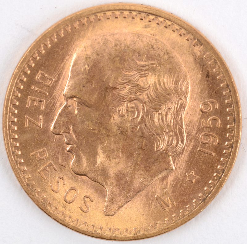 1 gouden munt van 10 Pesos. Au 900/1000. Mexico, jaren zestig.