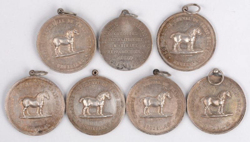 7 diverse medailles, Société Le Cheval de Trait Belge. Met beeldenaar van Koning Leopold II. zilver.