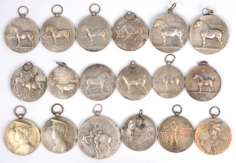 18 diverse medailles, met betrekking tot de veehouderij, in het bijzonder de paardenfokkerij. Begin XXste eeuw. Overwegend zilver.