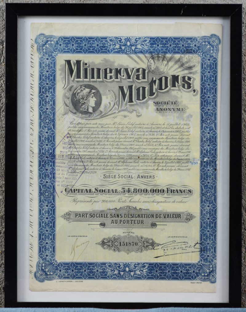 Een participatiebewijs van Minerva Motors.