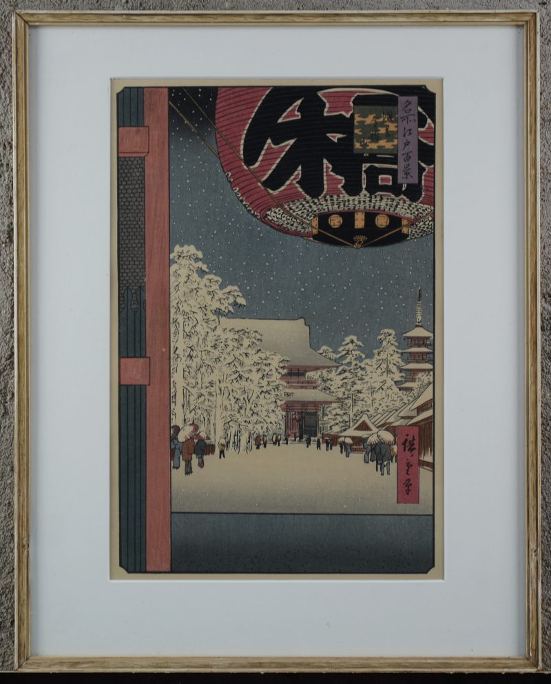 “Winters stadszicht”. Een gekleurde japanse houtsnede. Gesigneerd. Omstreeks 1860.