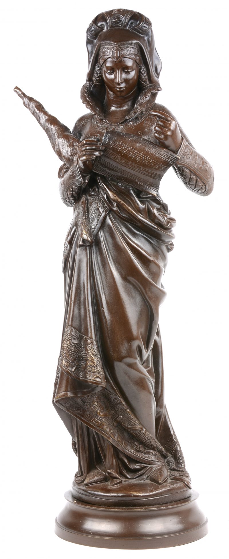 “Le Chant de la Fileuse”. Een bronzen beeld met donker patina. Gesigneerd.