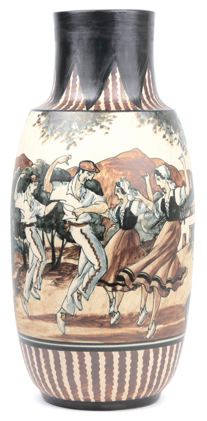Een vaas van Frans steengoed met meerkleurig decor van R. Le Coronne. Onderaan gemerkt en gesigneerd.