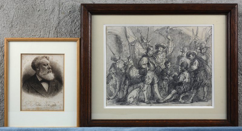 “De terreur”. Een potloodtekening op papier. Gesigneerd rechts onderaan. Bijgevoegd een gravure met gesigneerd zelfportret van de kunstenaar. Ets door J.B. Michiels.