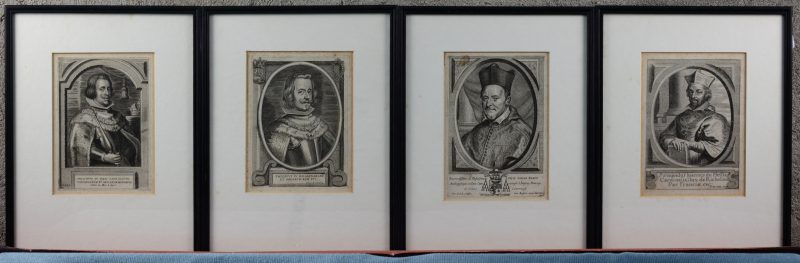 Een reeks van vier XVIIe eeuwse gravures. “Gaspar Nemius”, “Philippus IV D.G. Hispania”, “Philippus IV Rex Catholicus”, “Armandus Joannes du Plessis, Cardinalus Dux de Richelieu”. Alle ingelijst.