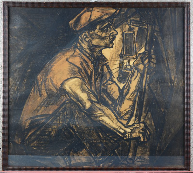 “De mijnwerker”. Een lithografie. Gesigneerd en gedateerd 1915 in de plaat.