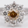 Een 18 K witgouden ring bezet met briljanten met een gezamenlijk gewicht van +- 0,80 ct. en een centrale gele diamant van +- 0,60 ct.