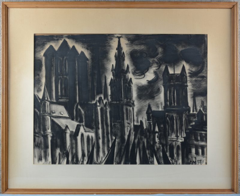 “De Torens van Gent”. Houtskooltekening op papier. Gemonogrammeerd en gedateerd 1955.