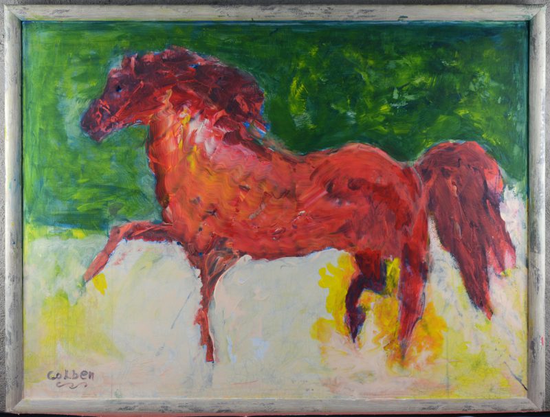 “Paard in rood”. Olieverf op paneel. Gesigneerd.