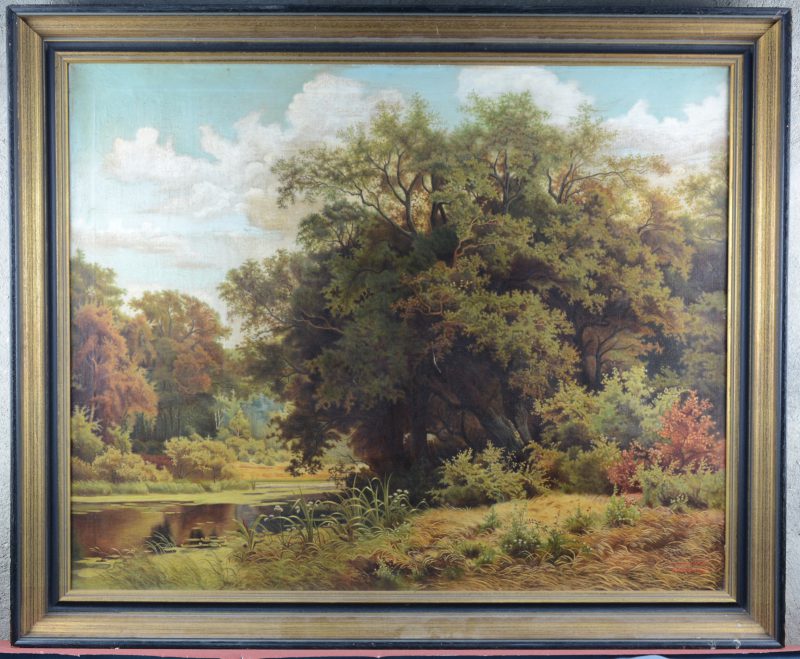 “Landschap”. Olieverf op doek. Gesigneerd en gedatyeerd 1941. Naar een werk van Julius Monien uit 1882.